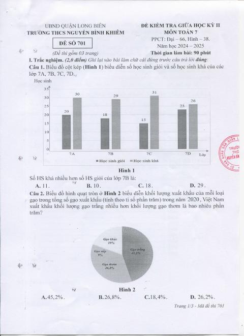 Đề thi Giữa kì 2 Toán 7 năm 2024–2025 trường THCS Nguyễn Bỉnh Khiêm (Hà Nội)